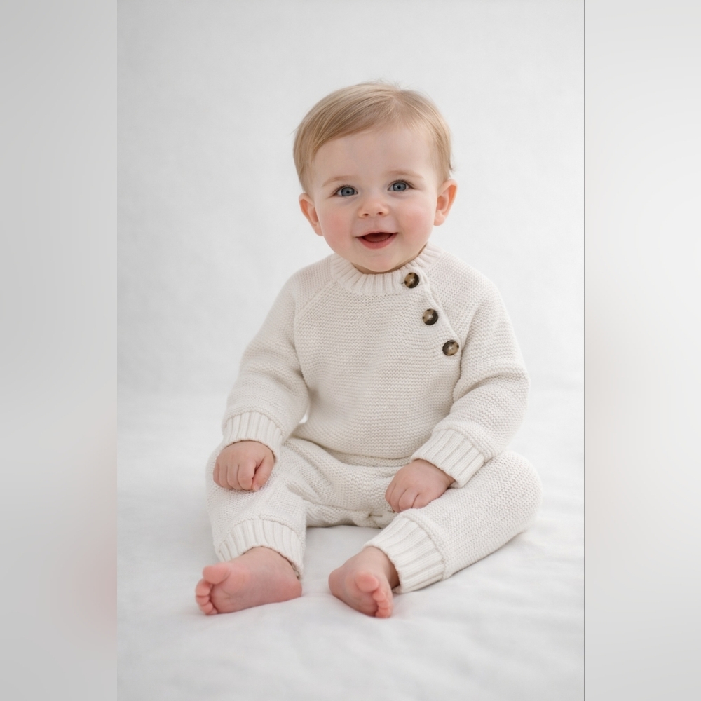 Classic Prep Cream Knit Romper 6-9M | Button Detail Heirloom Baby Outfit